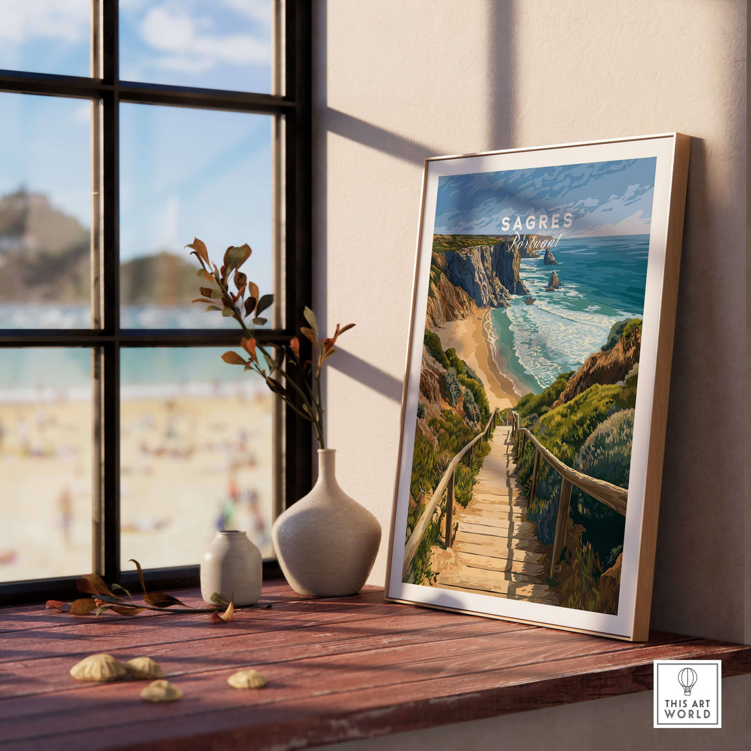 Sagres Algarve Cliffs Beach Print | Portugual Travel Wall Art displayed on a shelf, showcasing coastal scenery.