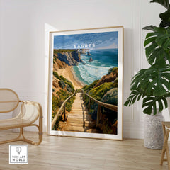 Sagres Algarve Cliffs Beach Print | Portugual Travel Wall Art showcased in a modern interior with a plant and chair.