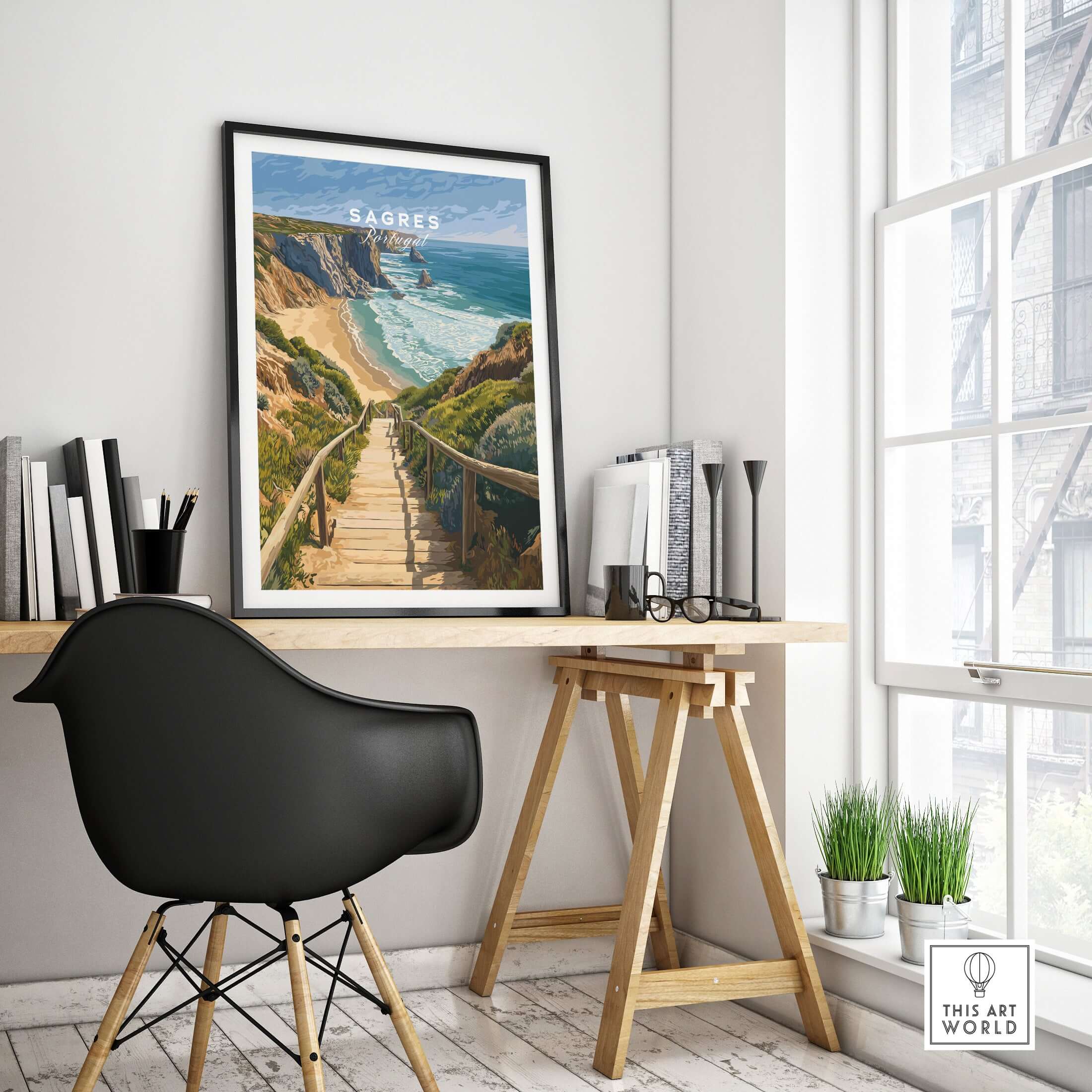Sagres Algarve Cliffs Beach Print | Portugual Travel Wall Art framed in a stylish interior setting with a wooden desk.