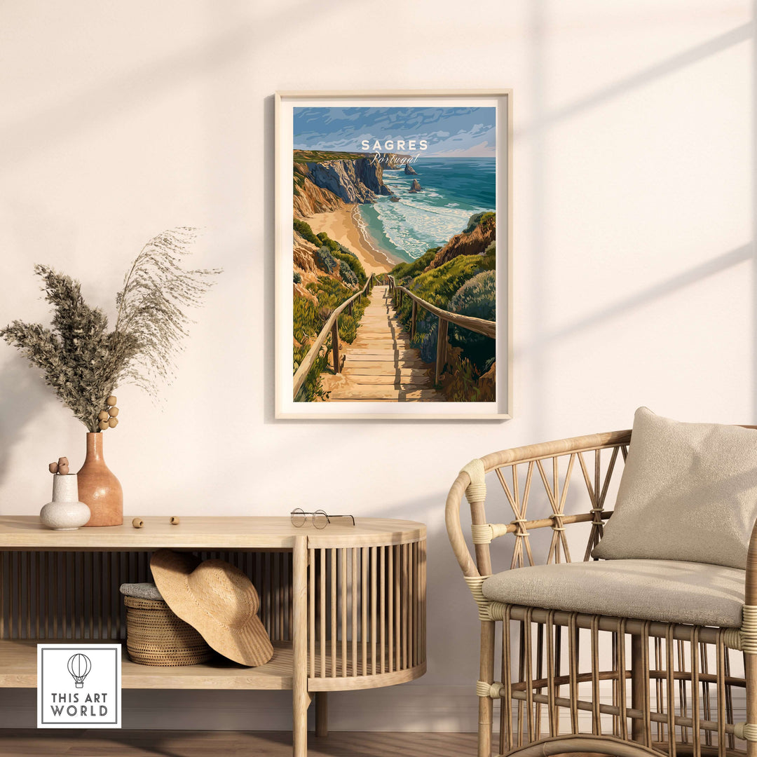 Sagres Algarve Cliffs Beach Print | Portugual Travel Wall Art displayed in a modern living room setting.