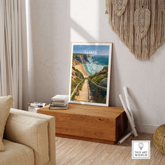 Sagres Algarve Cliffs Beach Print | Portugual Travel Wall Art displayed in a cozy living room setting.