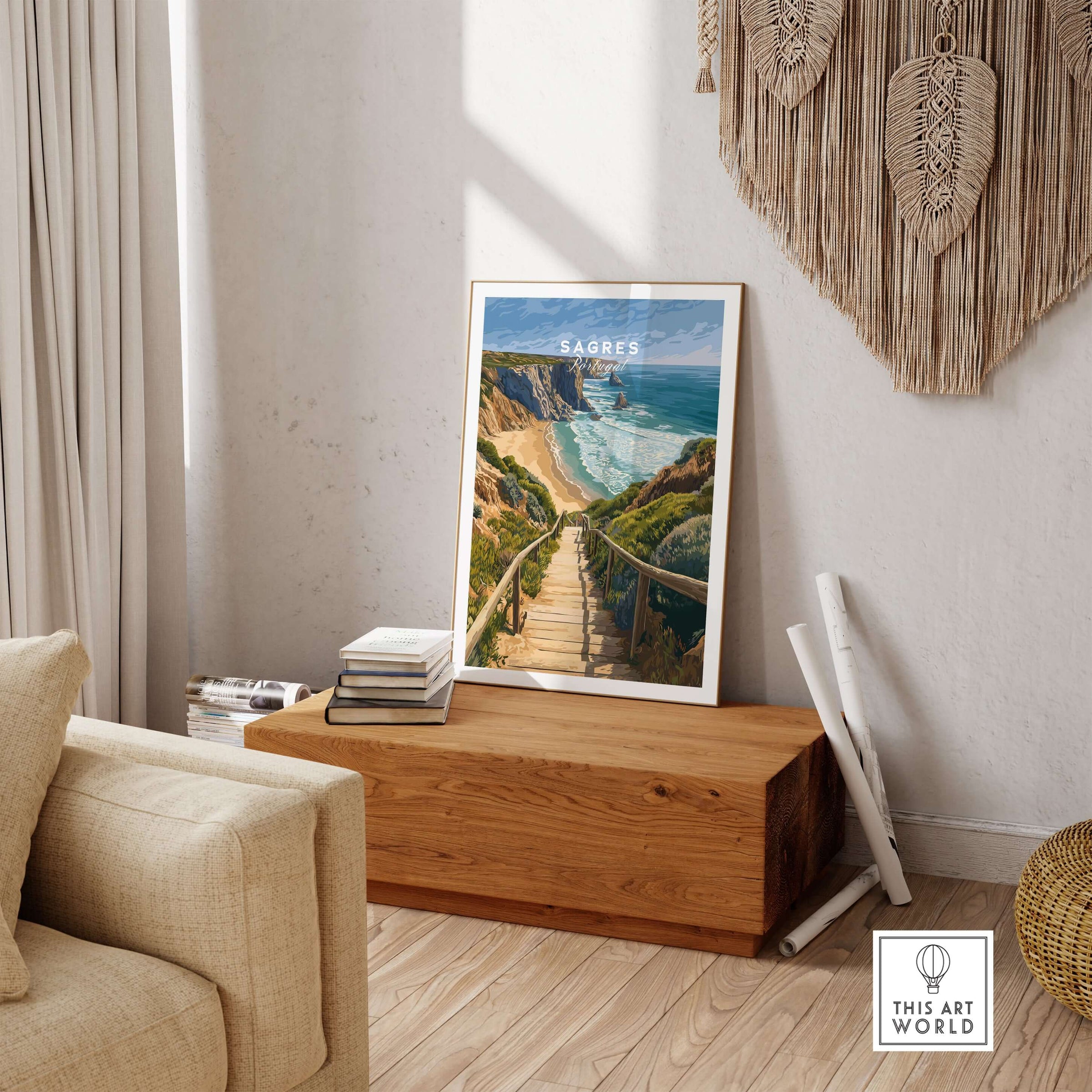 Sagres Algarve Cliffs Beach Print | Portugual Travel Wall Art displayed in a cozy living room setting.