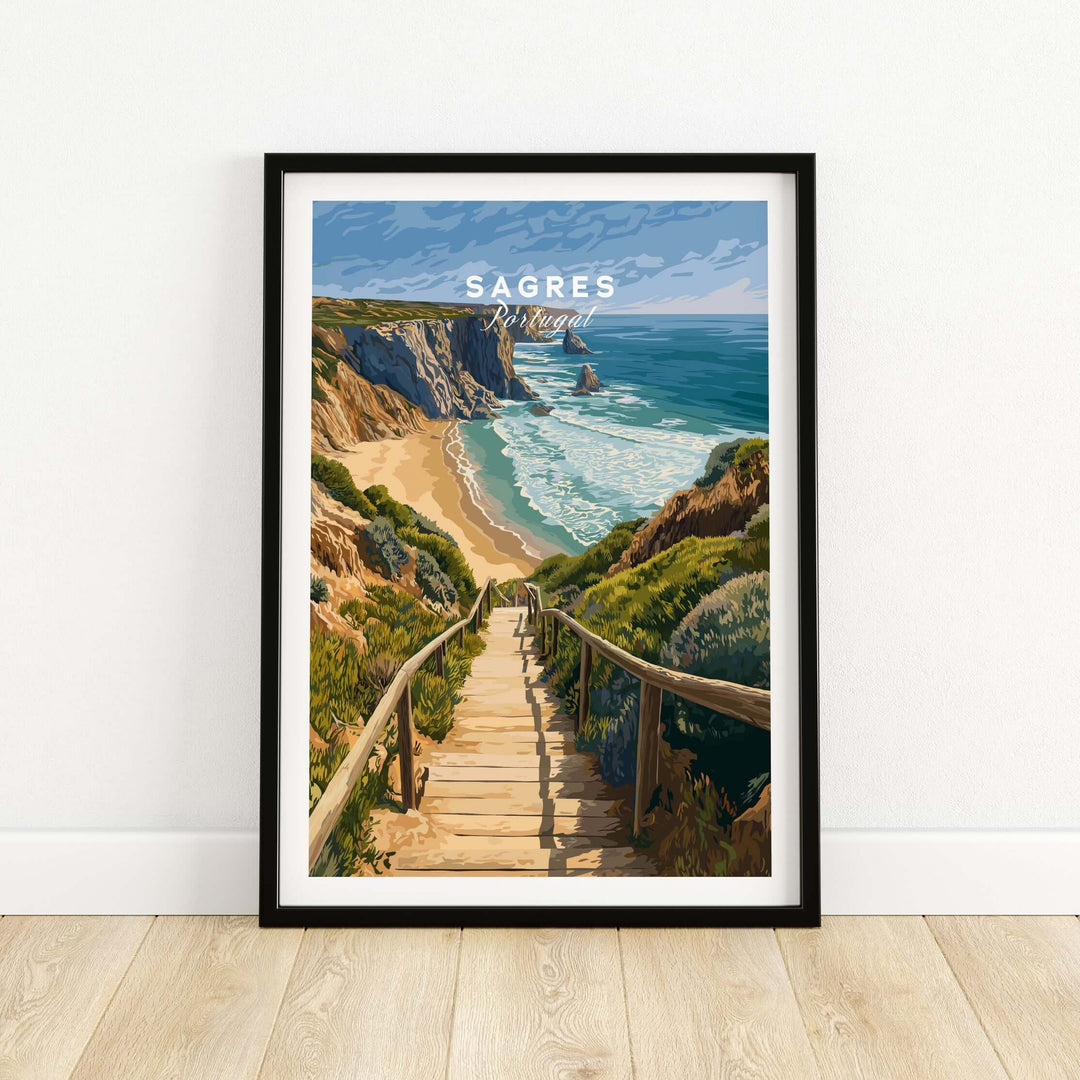 Sagres Algarve Cliffs Beach Print | Portugual Travel Wall Art featuring a wooden path leading to the beach.