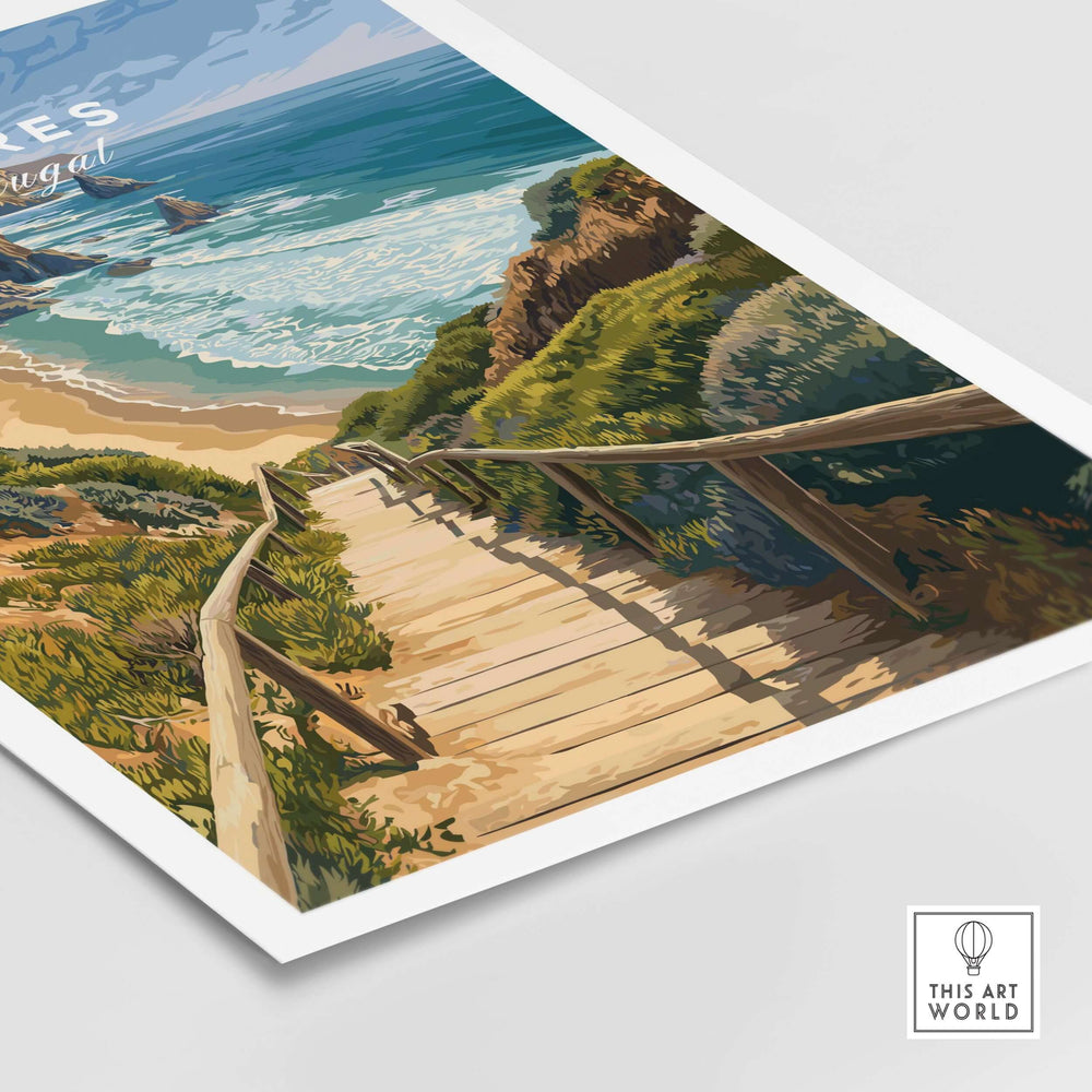 Sagres Algarve Cliffs Beach Print | Portugual Travel Wall Art featuring a scenic beach staircase.