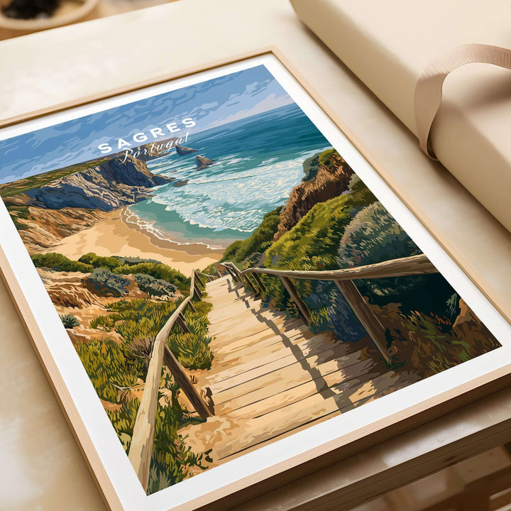 Sagres Algarve Cliffs Beach Print | Portugual Travel Wall Art featuring coastal scenery and wooden steps to the beach.