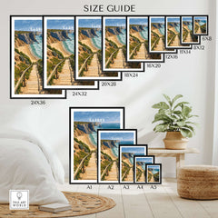 Sagres Algarve Cliffs Beach Print | Portugual Travel Wall Art size guide with various frame dimensions.