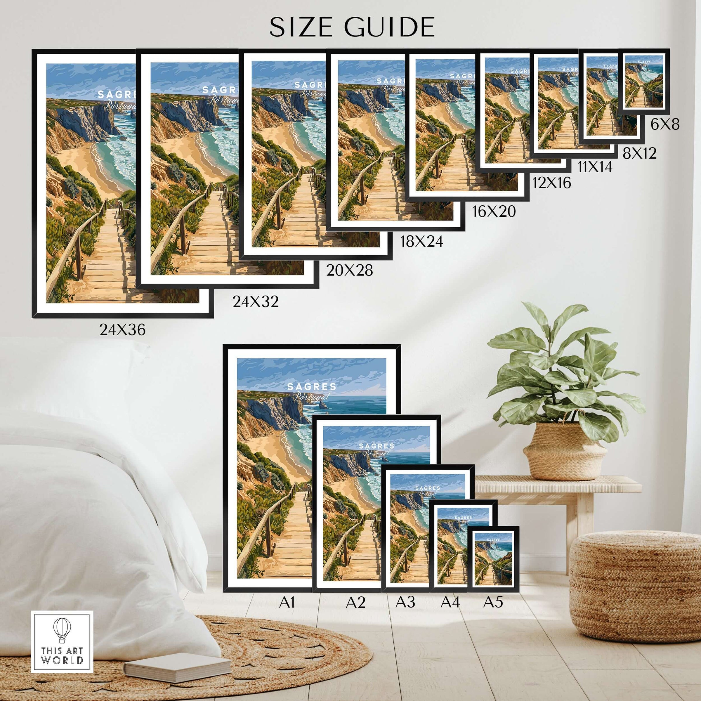 Sagres Algarve Cliffs Beach Print | Portugual Travel Wall Art size guide with various frame dimensions.