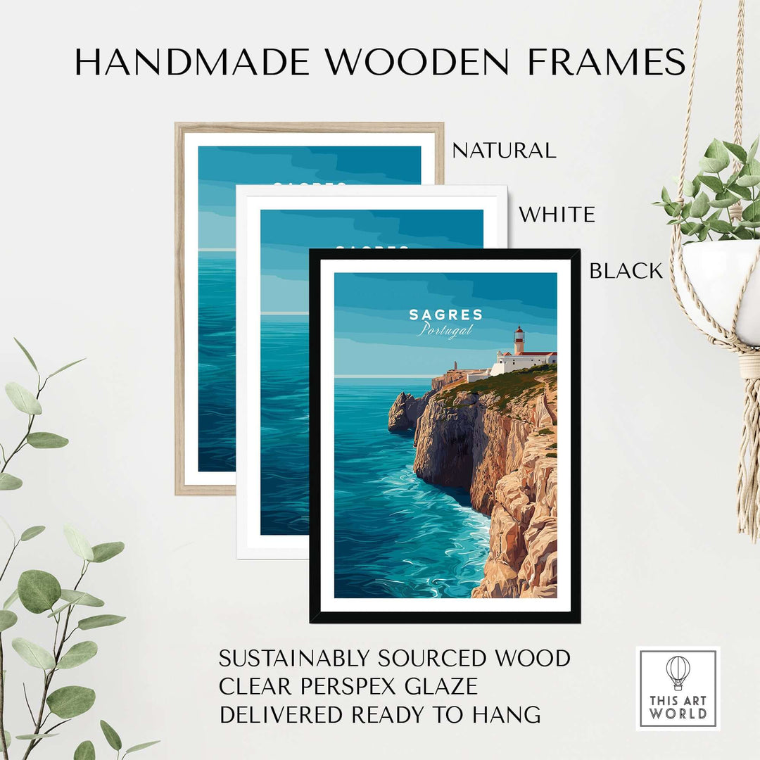 Sagres Wild Algarve Coast View Print | Portuguese Travel Wall Art displayed in handmade wooden frames.