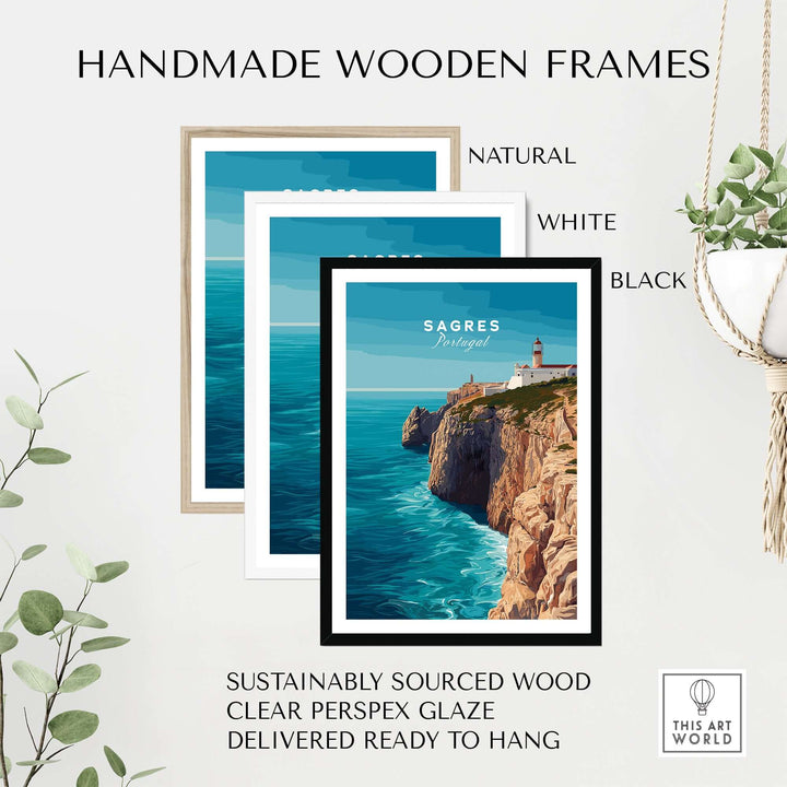 Sagres Wild Algarve Coast View Print | Portuguese Travel Wall Art displayed in handmade wooden frames.