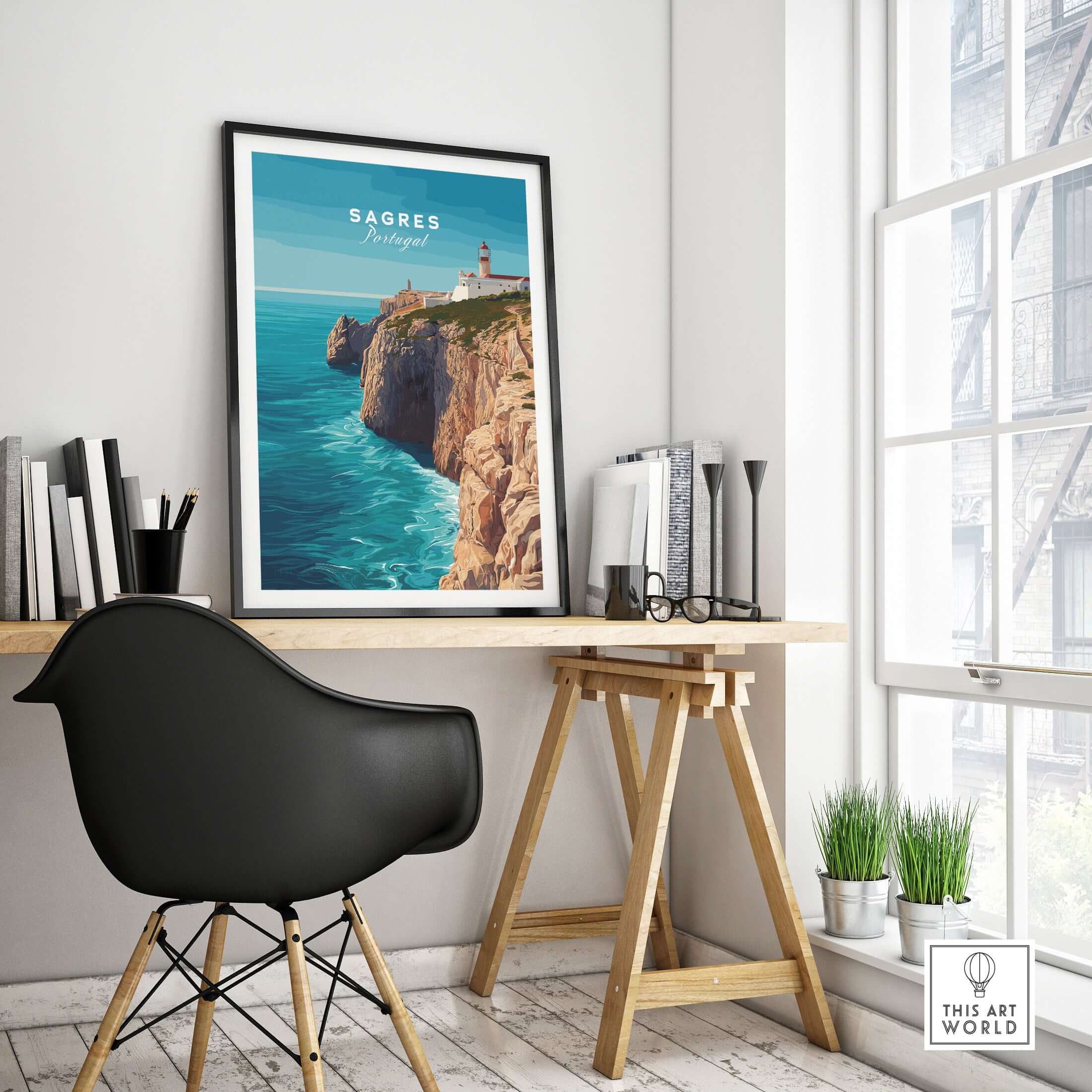 Sagres Wild Algarve Coast View Print | Portuguese Travel Wall Art displayed in a modern home office setting.