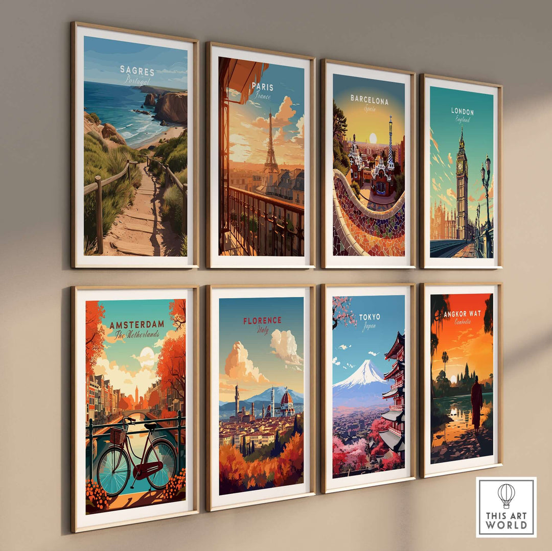 Sagres Algarve Poster - Beach Print displayed with other city posters on a wall.