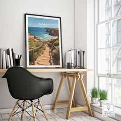 Sagres Algarve Poster - Beach Print displayed in a modern office setting with a stylish chair and desk.