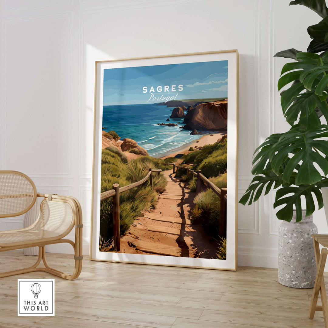 Sagres Algarve Poster - Beach Print showcasing a scenic coastal path leading to beautiful shores of Portugal.