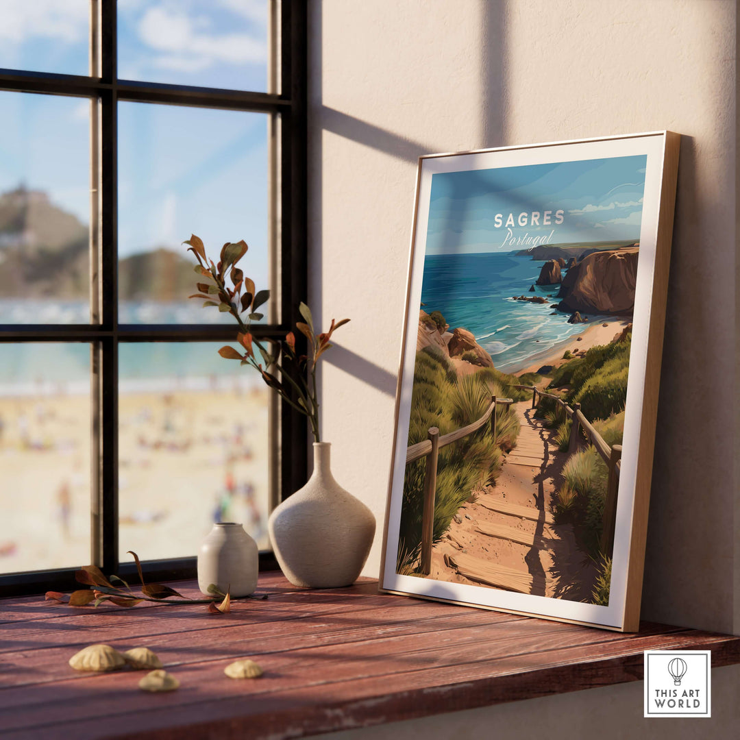 Sagres Algarve Poster - Beach Print displayed in a cozy room with a coastal view.