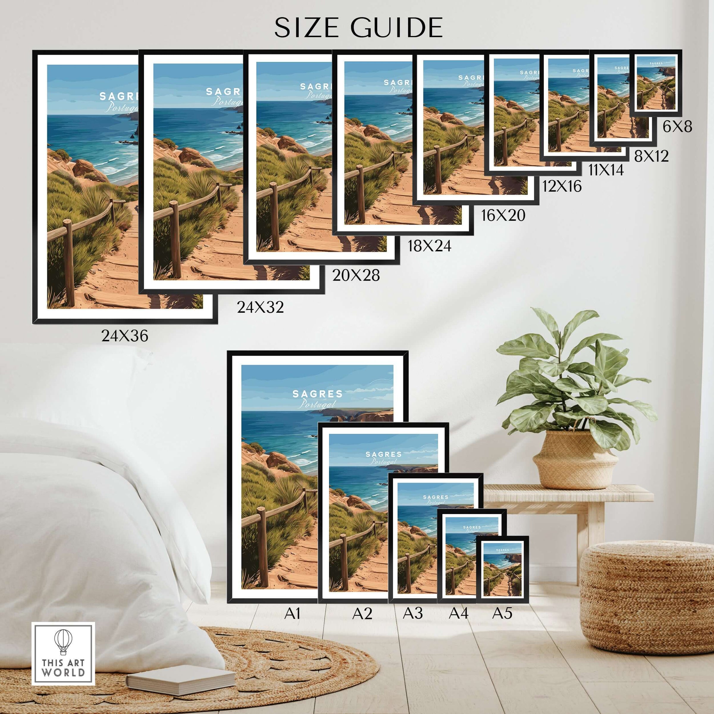 Sagres Algarve Poster - Beach Print size guide with various frame options displayed in a stylish interior setting.