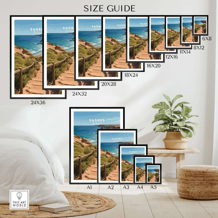 Sagres Algarve Poster - Beach Print size guide displaying various frame sizes for coastal artwork