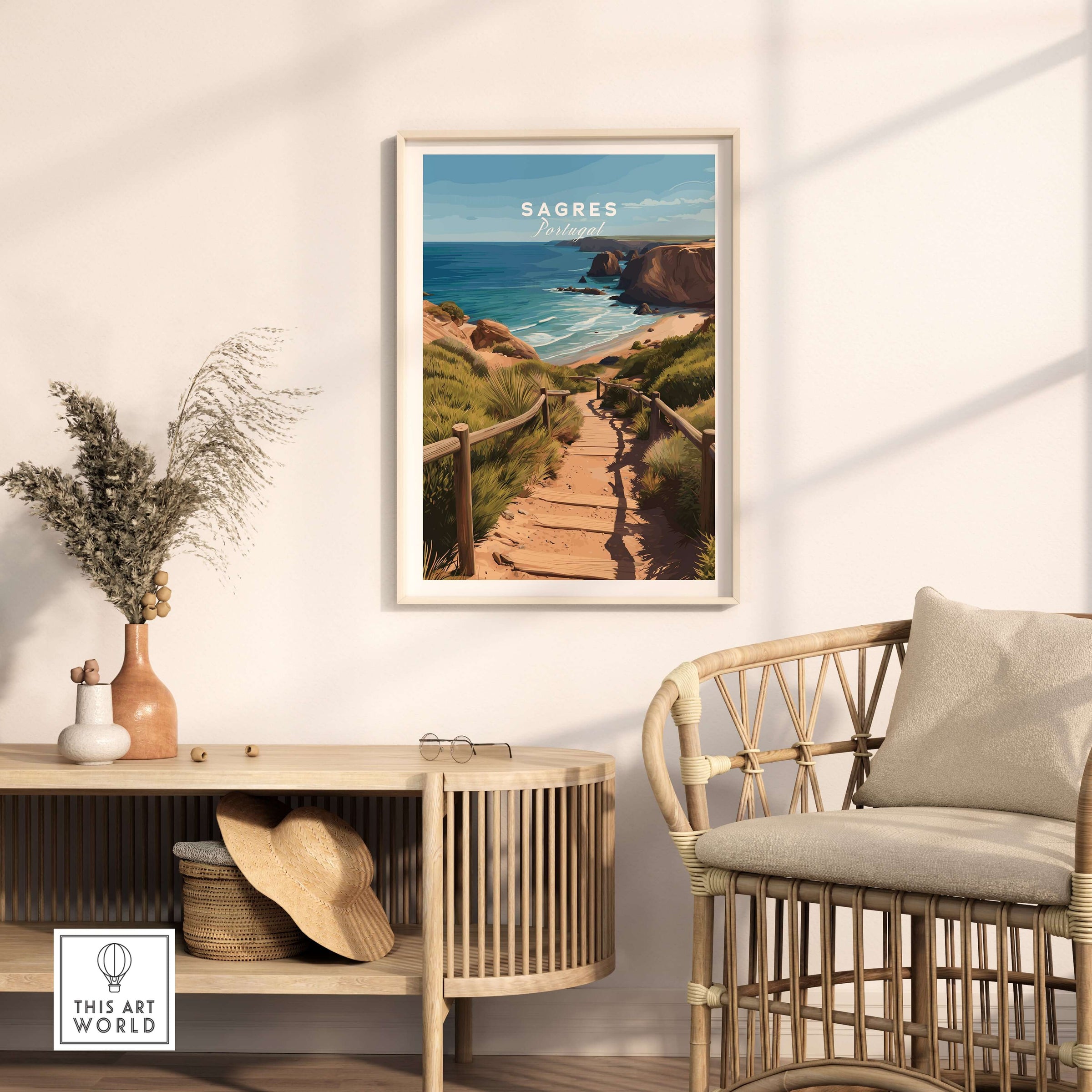 Sagres Algarve Poster - Beach Print framed in a stylish living room setting with coastal decor.