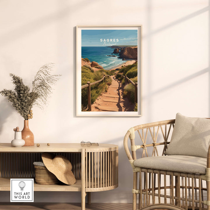 Sagres Algarve Poster - Beach Print displayed in a stylish interior with a cozy chair and natural decor.