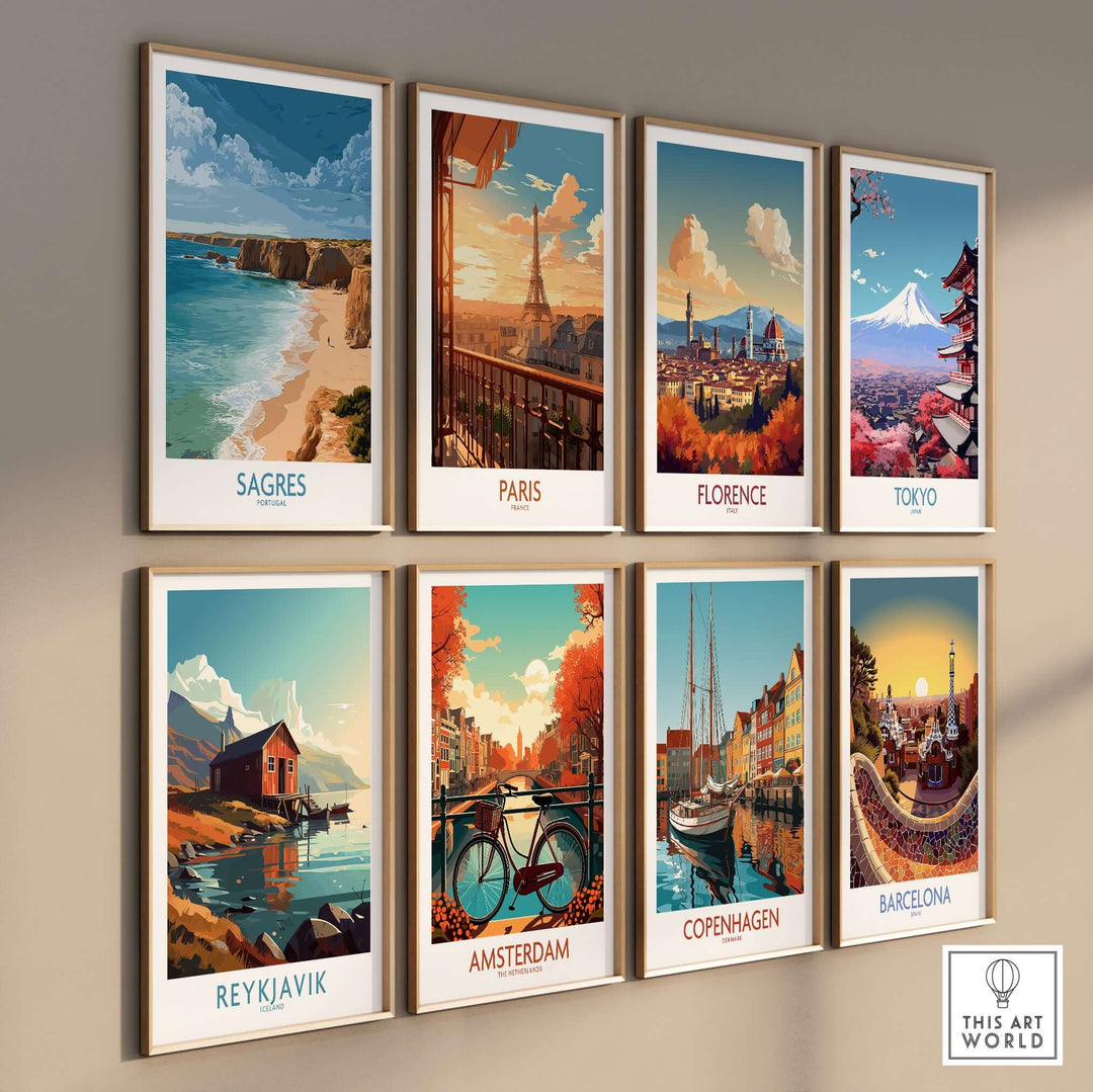 Sagres Portugal Golden Cliffs Beach Art Print | Algarve Coastal Poster displayed among travel art prints.