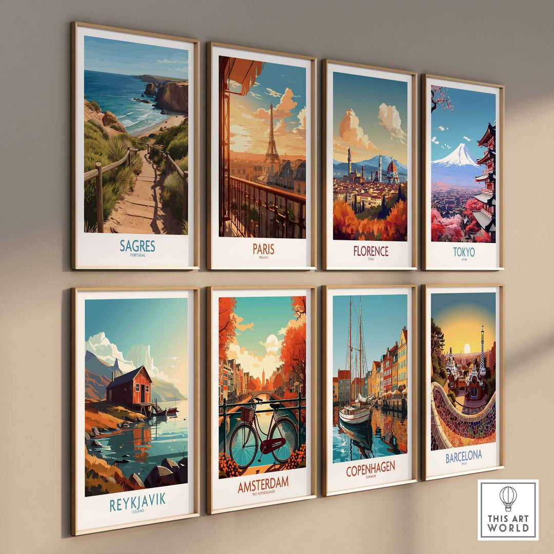 Sagres Poster -  Portugal Art Print | Ocean View Poster displayed among city art prints on a gallery wall.