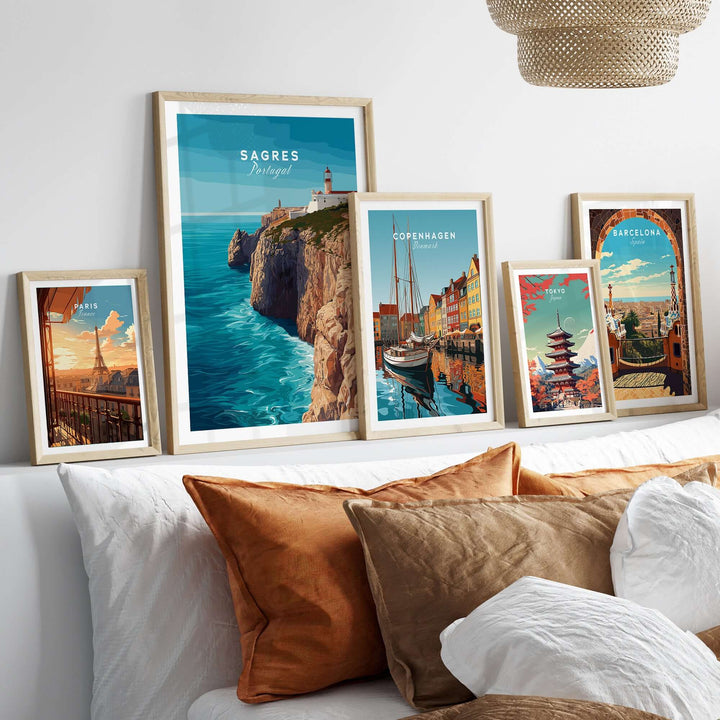 Sagres Wild Algarve Coast View Print | Portuguese Travel Wall Art displayed in framed prints on a couch.