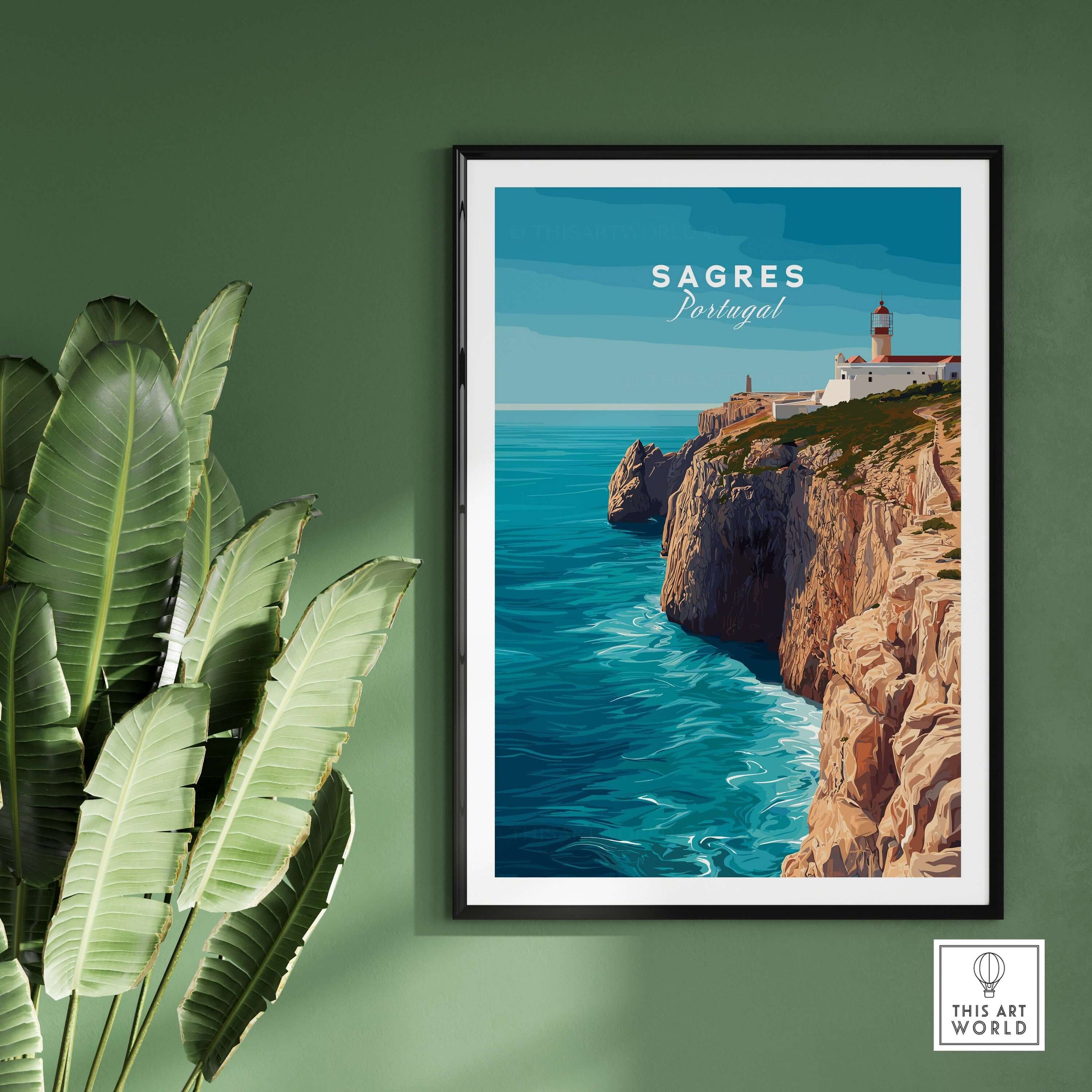 Sagres Wild Algarve Coast View Print | Portuguese Travel Wall Art in a stylish frame on a green wall.