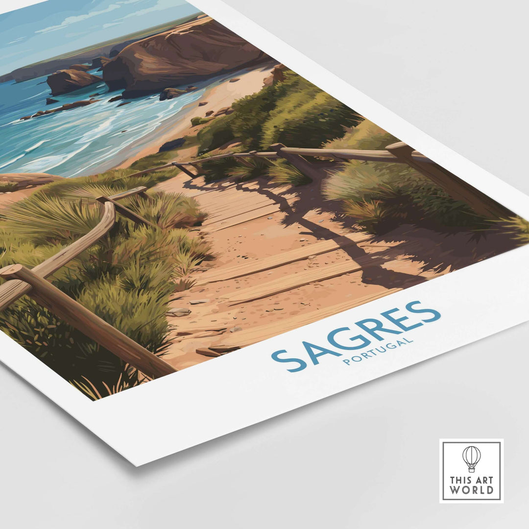 Sagres Poster - Portugal Art Print | Ocean View Poster showcasing a scenic boardwalk leading to the ocean's edge.