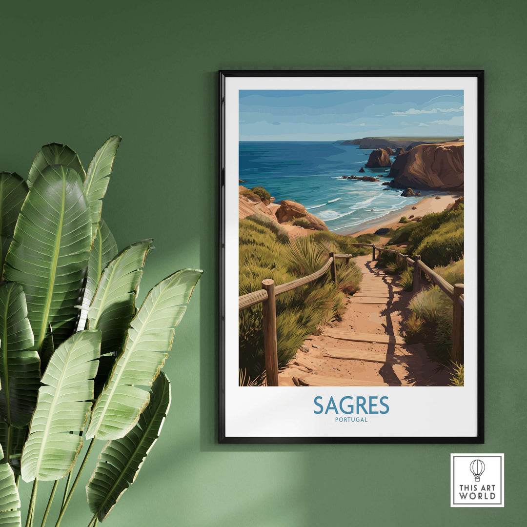 Sagres Poster -  Portugal Art Print | Ocean View Poster displayed on wall with greenery in background.