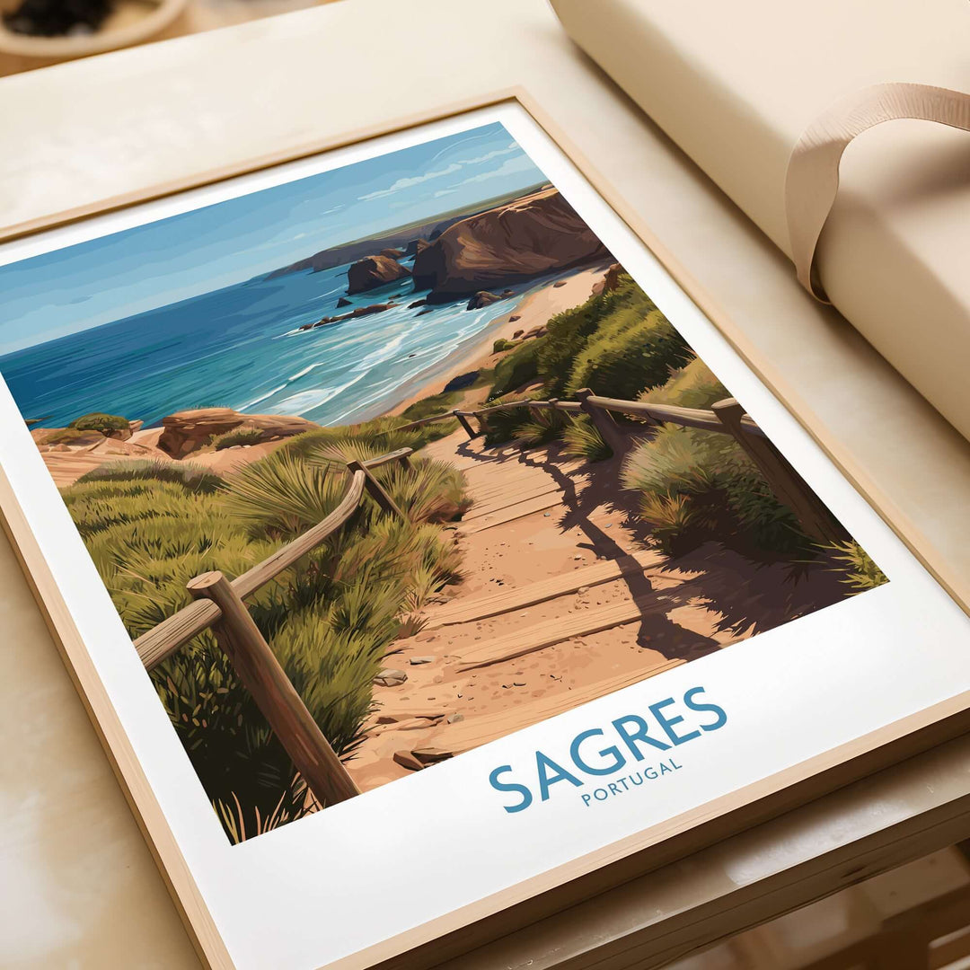 Sagres Poster -  Portugal Art Print | Ocean View Poster framed on a surface, showcasing coastal path and ocean below.