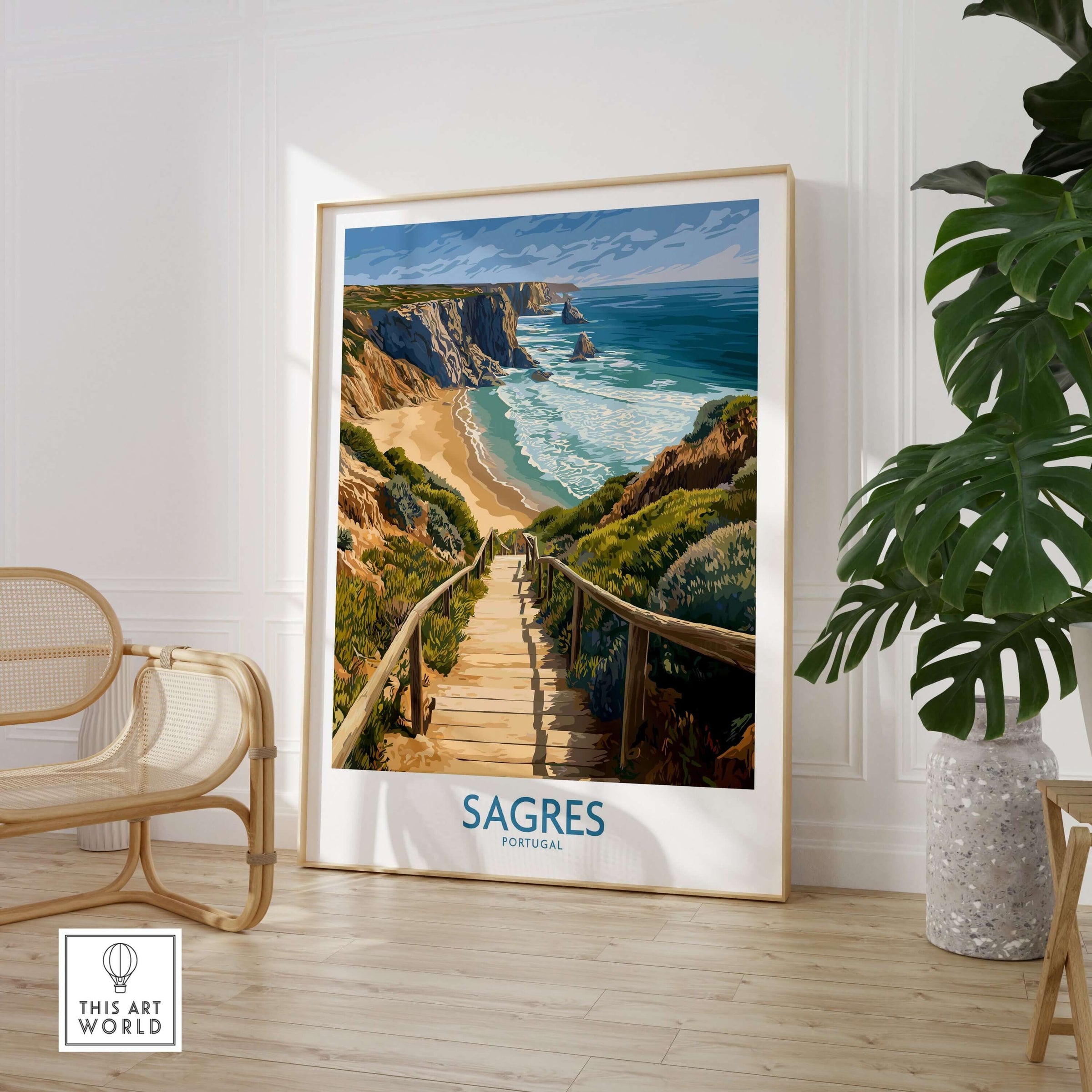 Sagres Poster Portugal Beach Art Print displayed in a stylish living room, capturing Algarve's stunning coastline.