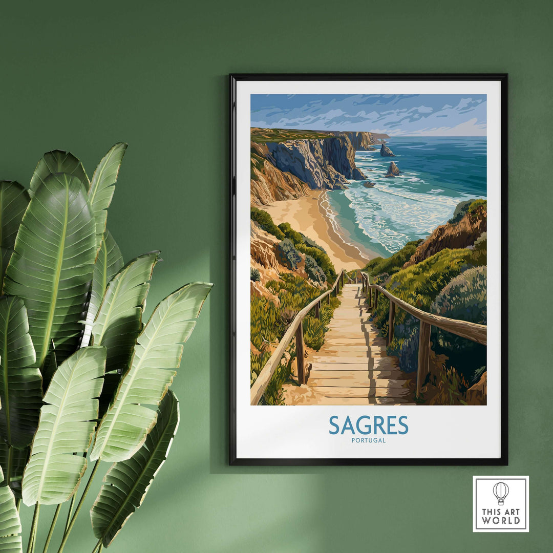 Sagres Poster Portugal Beach Art Print featuring a scenic beach view and vibrant coastal colors.