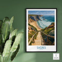Sagres Poster Portugal Beach Art Print showcasing a beautiful coastal scene in Portugal with sandy beach and cliffs.