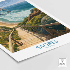 Sagres Poster Portugal Beach Art Print featuring scenic coastal view with sandy beach and ocean.