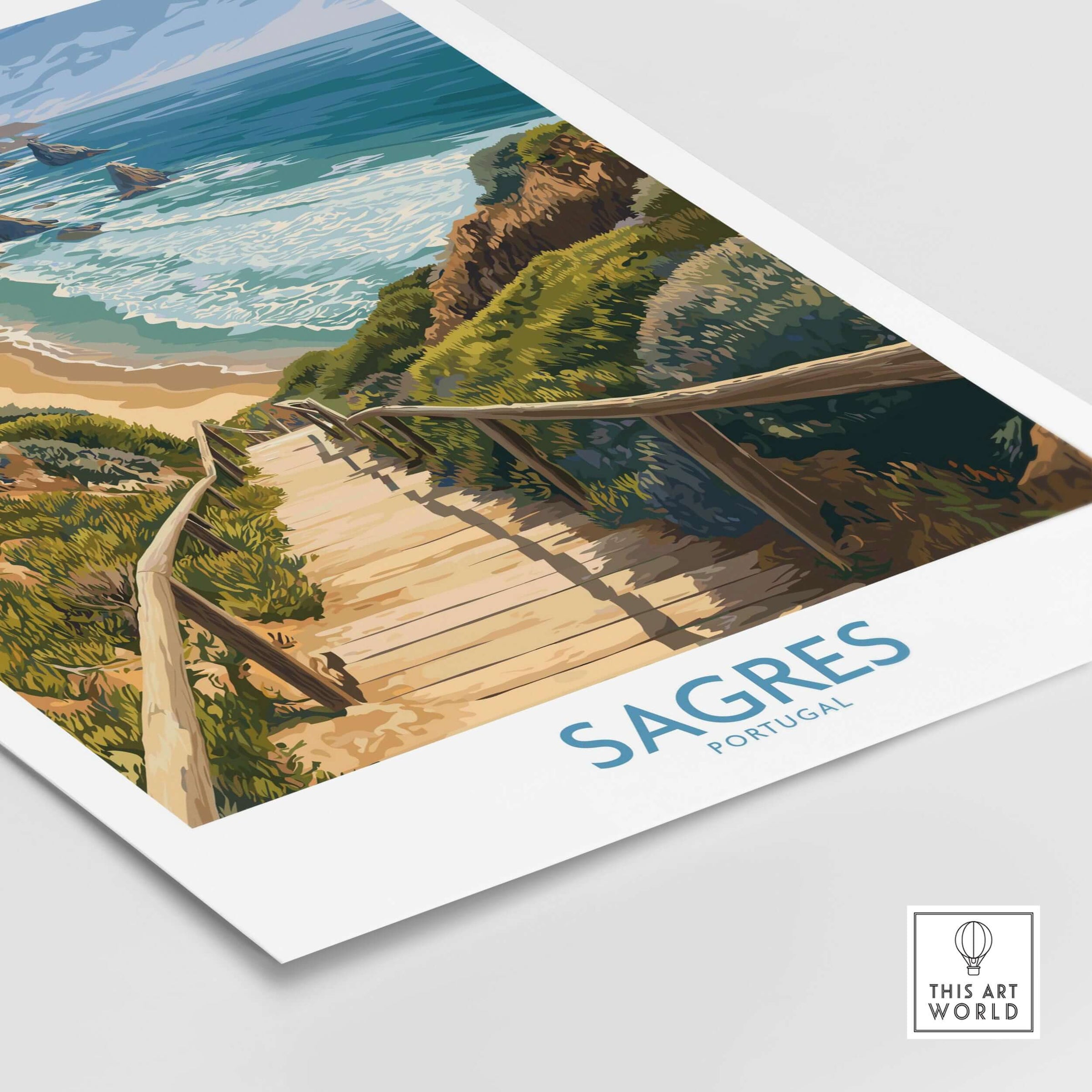 Sagres Poster Portugal Beach Art Print featuring scenic coastal view with sandy beach and ocean.
