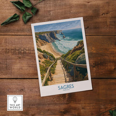 Sagres Poster Portugal Beach Art Print showcasing stunning coastal scenery of Sagres, Portugal on a wooden surface.