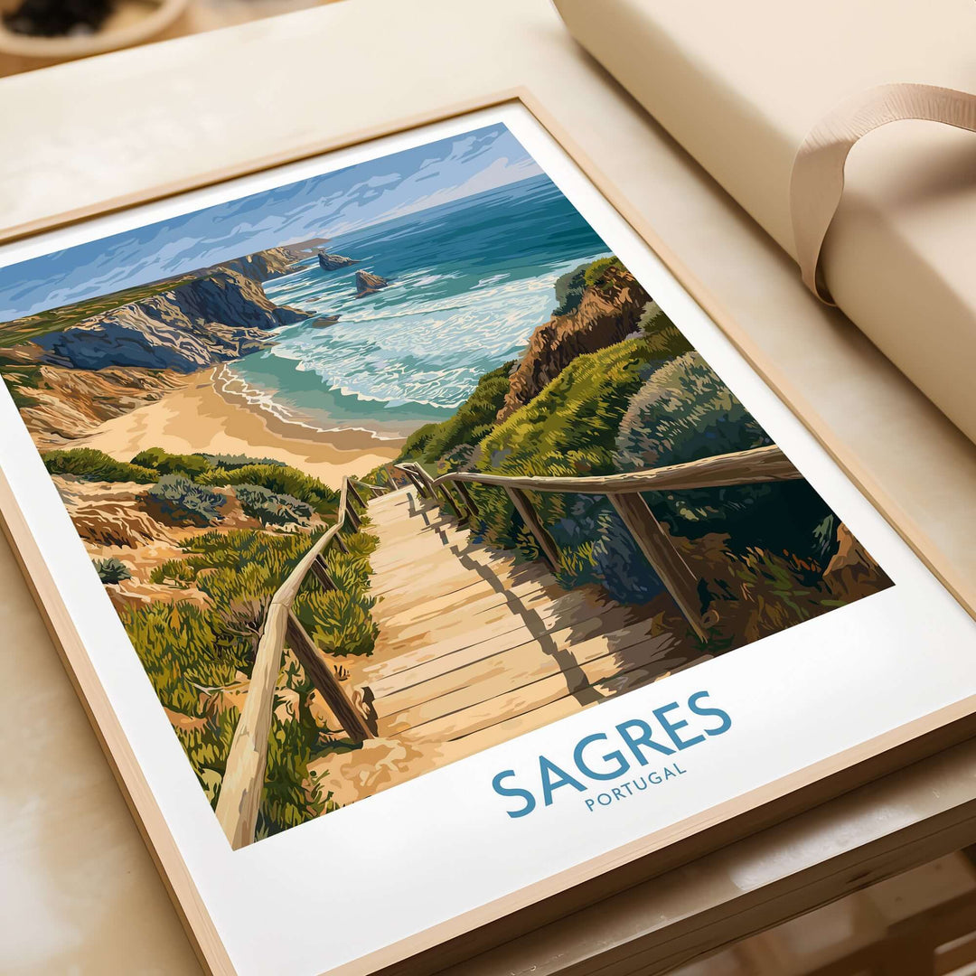 Sagres Poster Portugal Beach Art Print featuring a scenic coastal view with wooden steps leading to the beach.