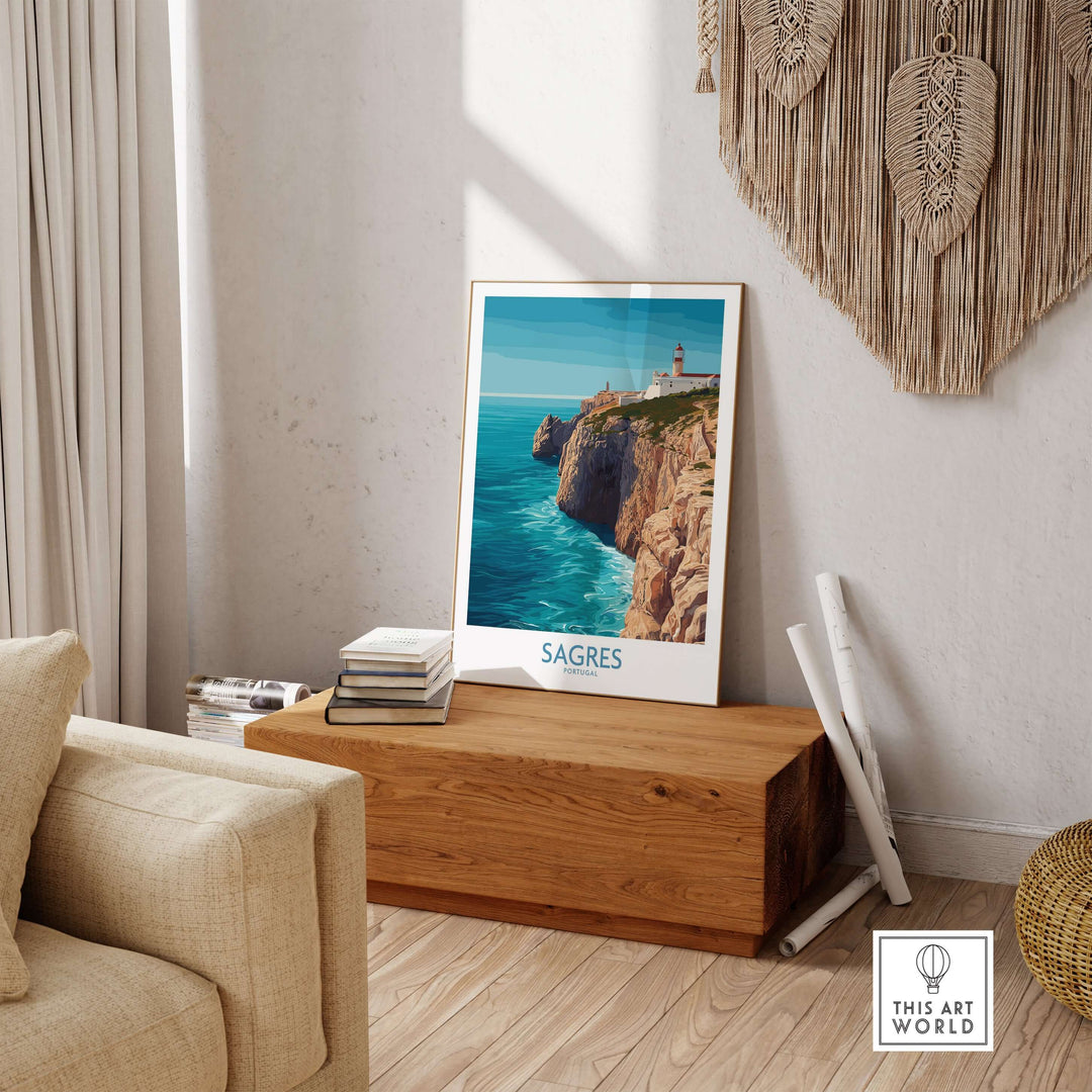 Sagres Portugal Cabo de São Vicente Art Print | Lighthouse Cliff Poster displayed in a cozy living room setting.