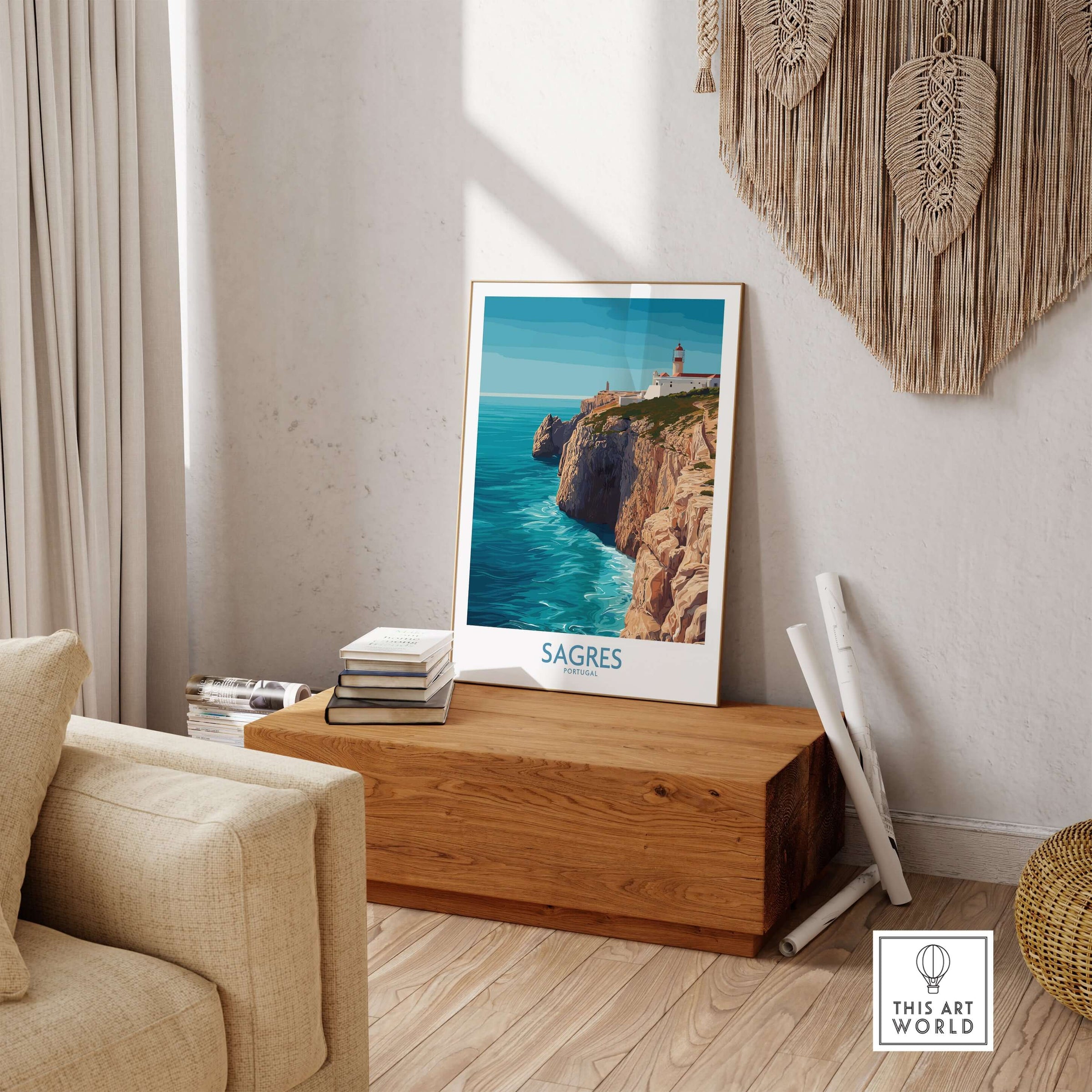 Sagres Portugal Cabo de São Vicente Art Print | Lighthouse Cliff Poster displayed in an elegant living room decor.