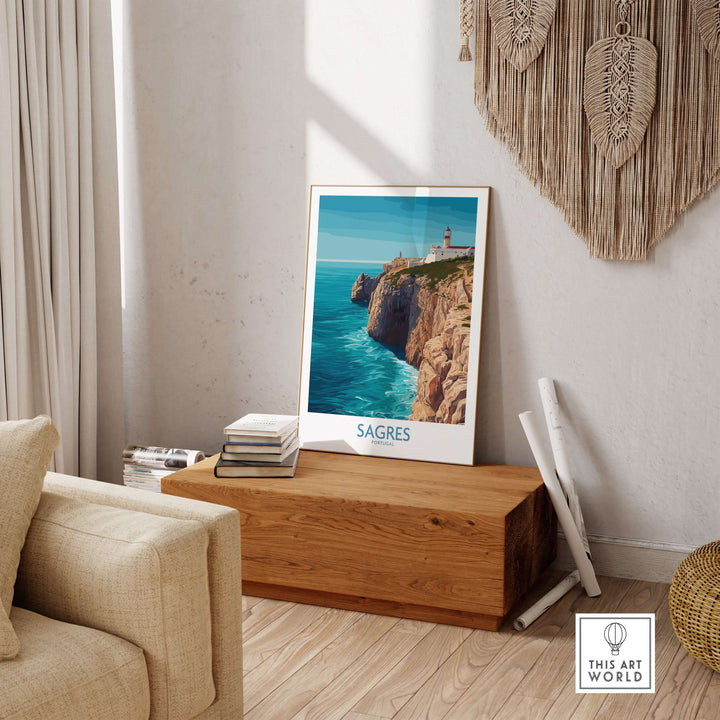 Sagres Portugal Cabo de São Vicente Art Print | Lighthouse Cliff Poster displayed in a cozy living room setting.