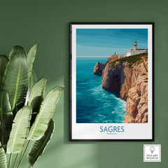 Sagres Portugal Cabo de São Vicente Art Print | Lighthouse Cliff Poster on green wall with plant decoration.