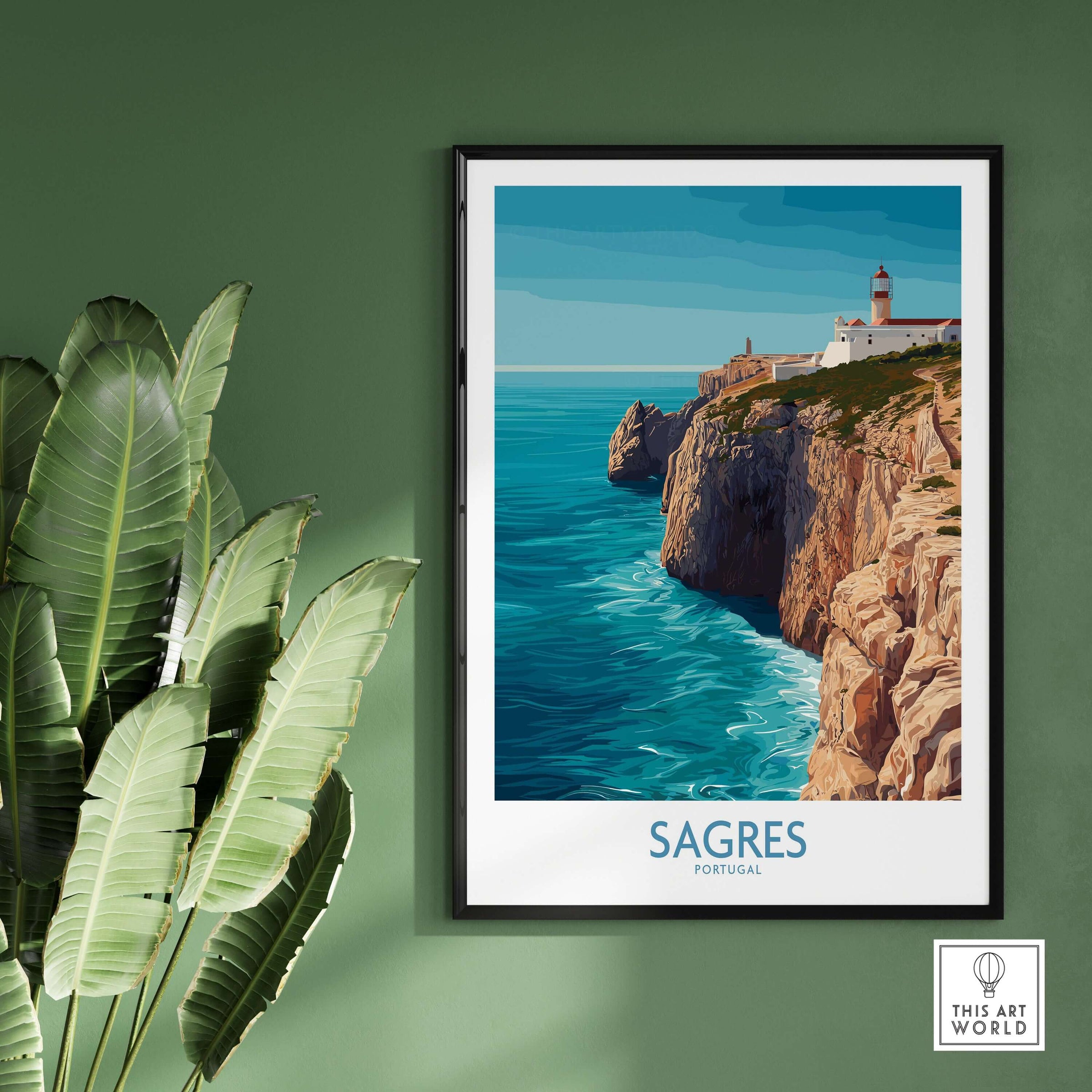 Sagres Portugal Cabo de São Vicente Art Print | Lighthouse Cliff Poster on green wall with plant decoration.