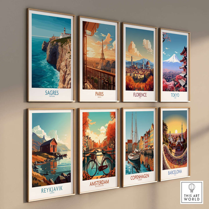 Sagres Portugal Cabo de São Vicente Art Print | Lighthouse Cliff Poster and cityscape art prints on a wall.