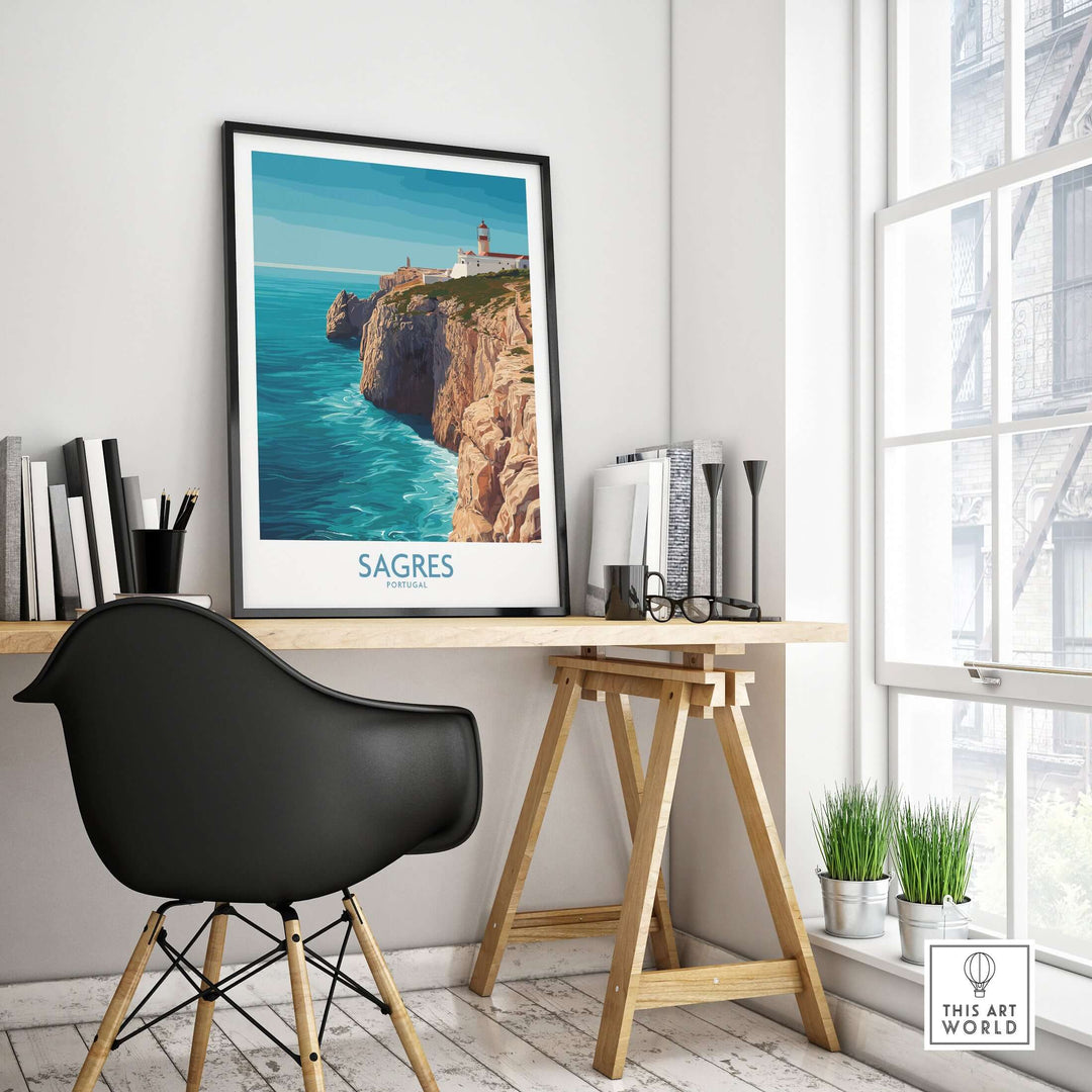 Sagres Portugal Cabo de São Vicente Art Print | Lighthouse Cliff Poster displayed in a modern workspace.