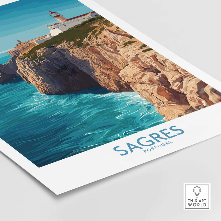 Sagres Portugal Cabo de São Vicente Art Print | Lighthouse Cliff Poster showcasing a vibrant coastal scene.