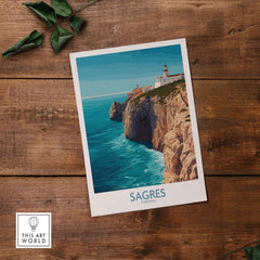 Sagres Portugal Cabo de São Vicente Art Print | Lighthouse Cliff Poster showcasing a lighthouse on rugged cliffs.