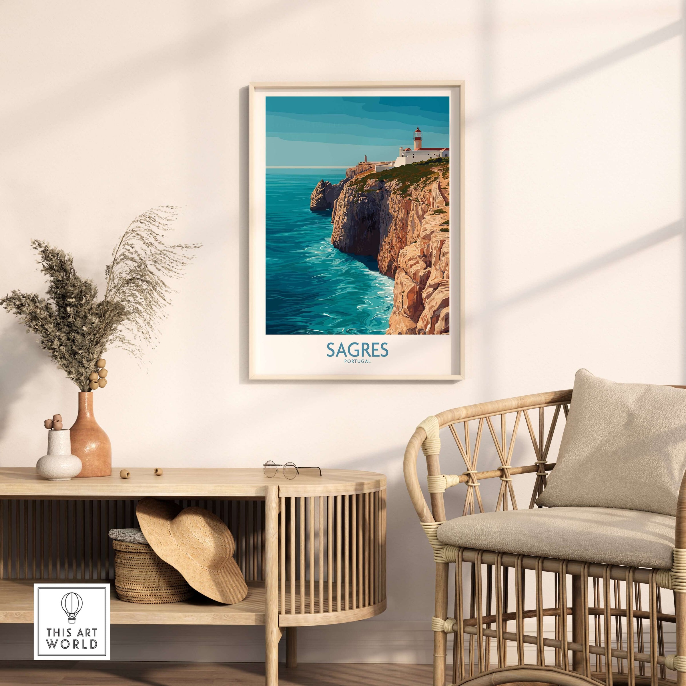 Sagres Portugal Cabo de São Vicente Art Print | Lighthouse Cliff Poster displayed in a modern living room setting.