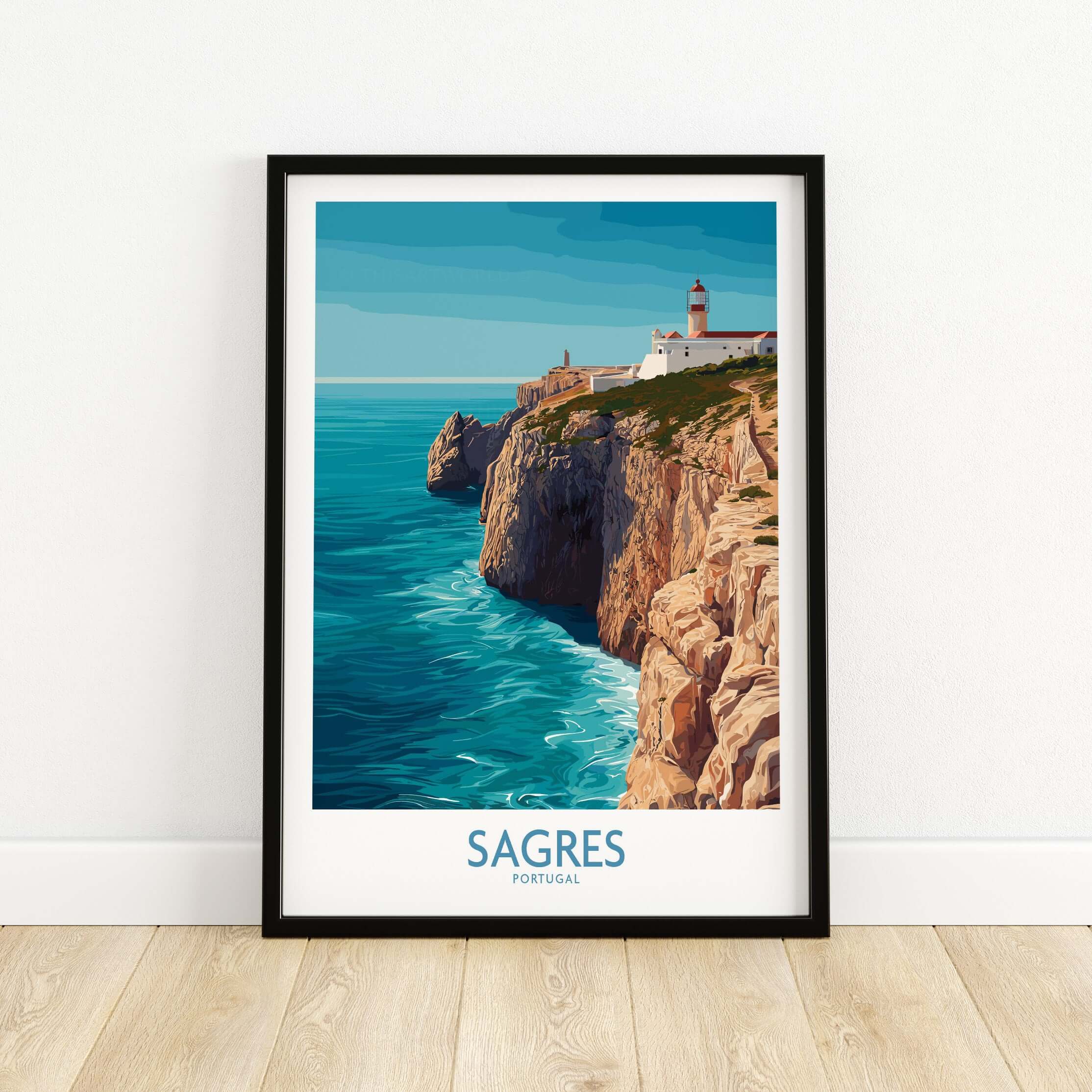 Sagres Portugal Cabo de São Vicente Art Print | Lighthouse Cliff Poster showcasing a picturesque lighthouse on rugged cliffs.