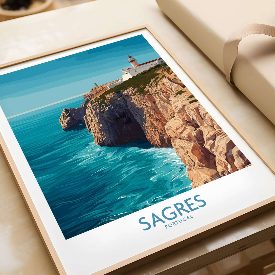 Sagres Portugal Cabo de São Vicente Art Print | Lighthouse Cliff Poster showcasing cliffs and lighthouse with ocean backdrop.