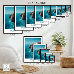 Sagres Portugal Cabo de São Vicente Art Print | Lighthouse Cliff Poster size guide with various frame dimensions.