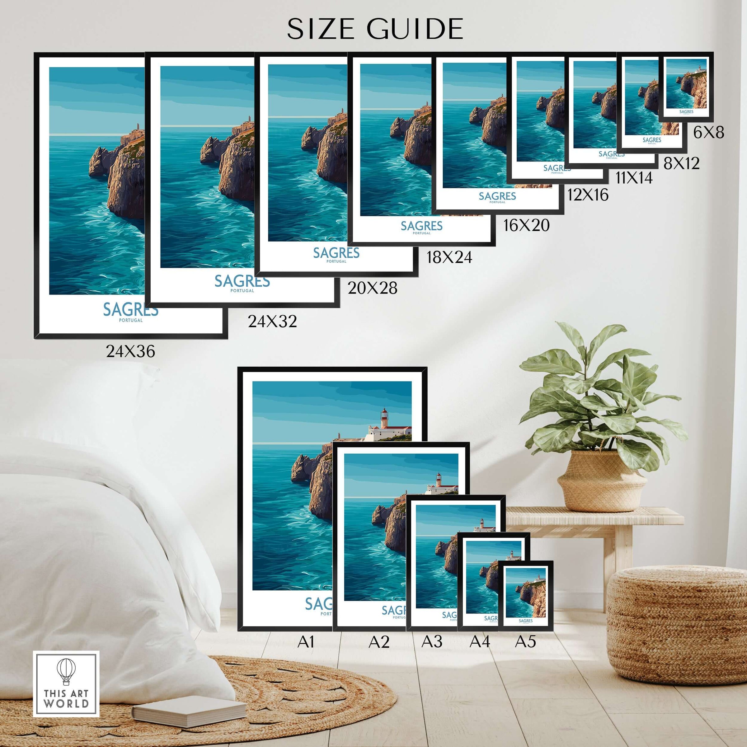 Sagres Portugal Cabo de São Vicente Art Print | Lighthouse Cliff Poster size guide with various frame dimensions.